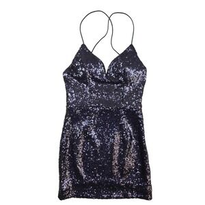 Hello Molly Navy Blue Sequin Mini Dress Women's 4 Bodycon Crossback Prom Formal